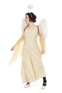 Engel: weißes mit Goldfäden durchwirktes Kleid Organzaärmel Gr. 36