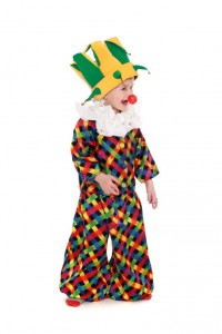 Clownsjacke und Hose mit Rüschenkragen und Schellenkappe