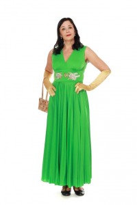 grünes, langes Kleid aus den 60ern mit Goldornamenten Gr. 38