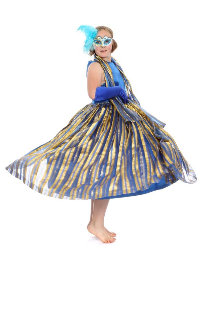 blaues Satinkleid mit gold-gestreiftem Organza Gr. 164