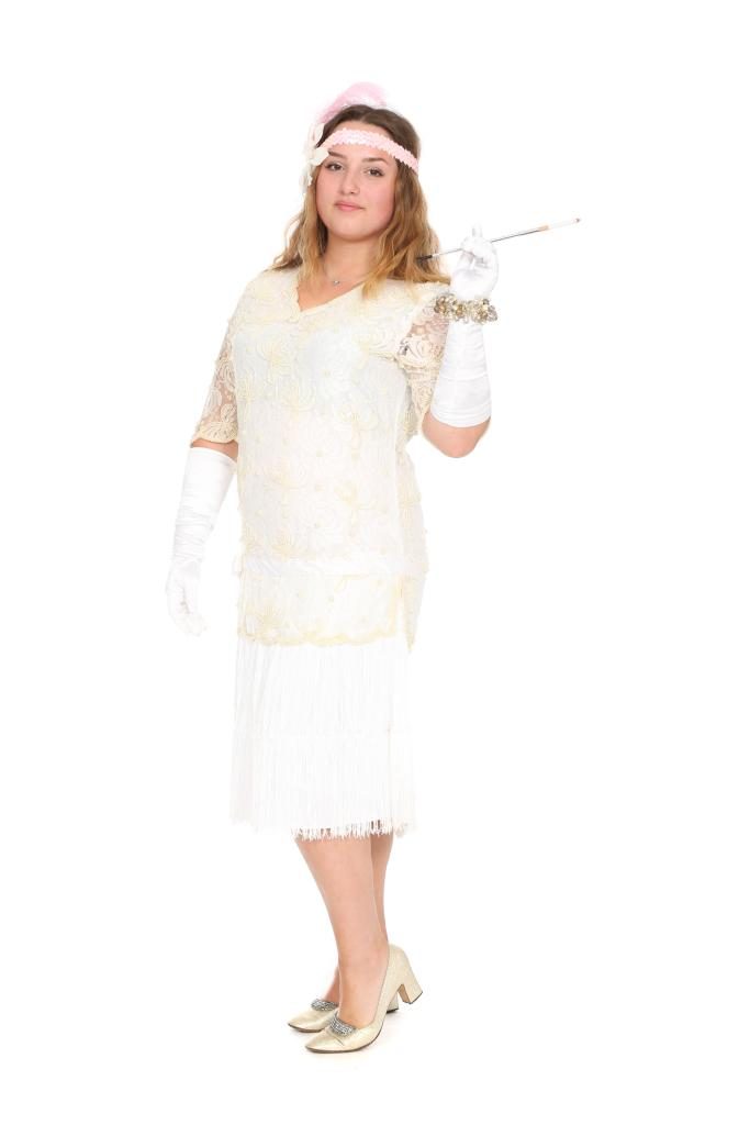 20er Jahre Kleid mit crémefarbener Spitze und Fransen