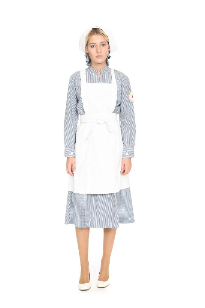 gestreiftes Kittelkleid mit Schürze und Haube Gr. 36