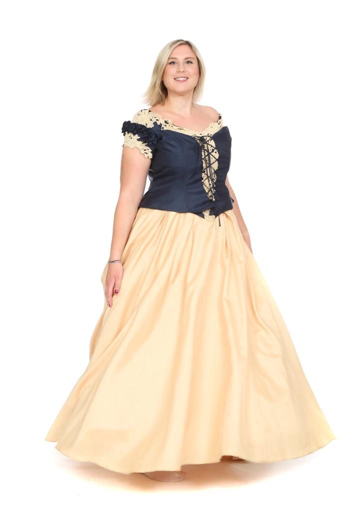 Spitzenbesetztes blaues Schnürmieder mit angeschnittenem gelben Rock Gr. 46/48