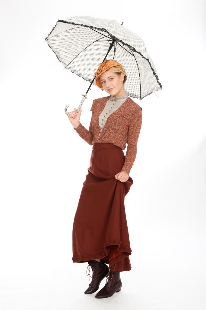 rotbrauner Wollrock mit angeschnittener Bluse Gr. 36