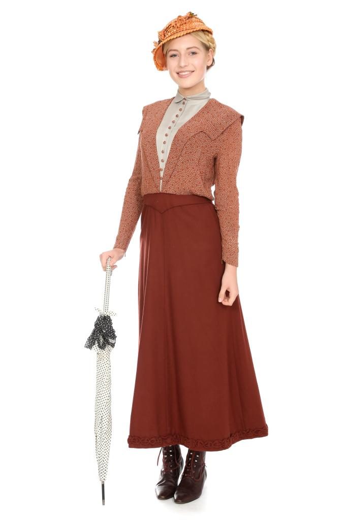 rotbrauner Wollrock mit angeschnittener Bluse Gr. 36