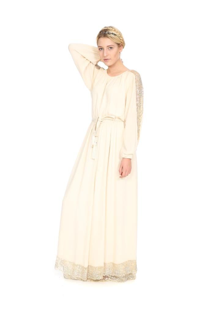 crèmefarbenes Seidenkleid mit Spitzenbordüren Gr. 36