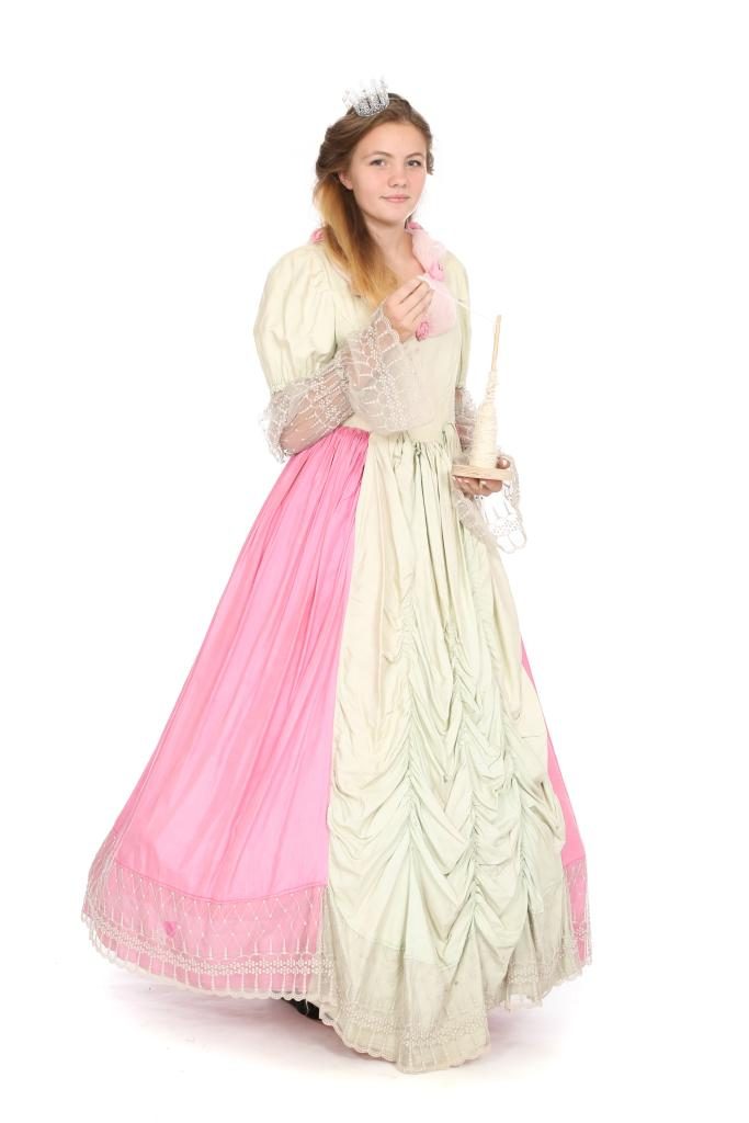 rosa-mintgrünes Seidenkleid mit Spitzenärmeln und Reifrock Gr. 38