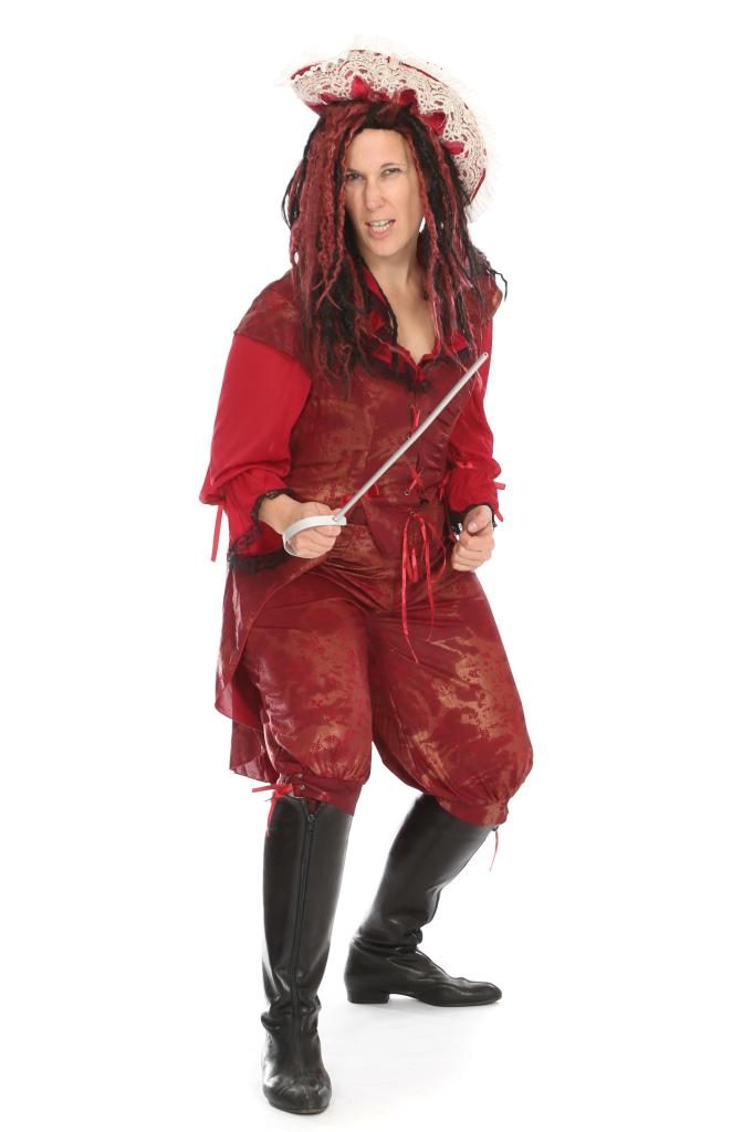 rote Bluse, Kniebundhose und Mieder mit Frackschößen Gr. 40